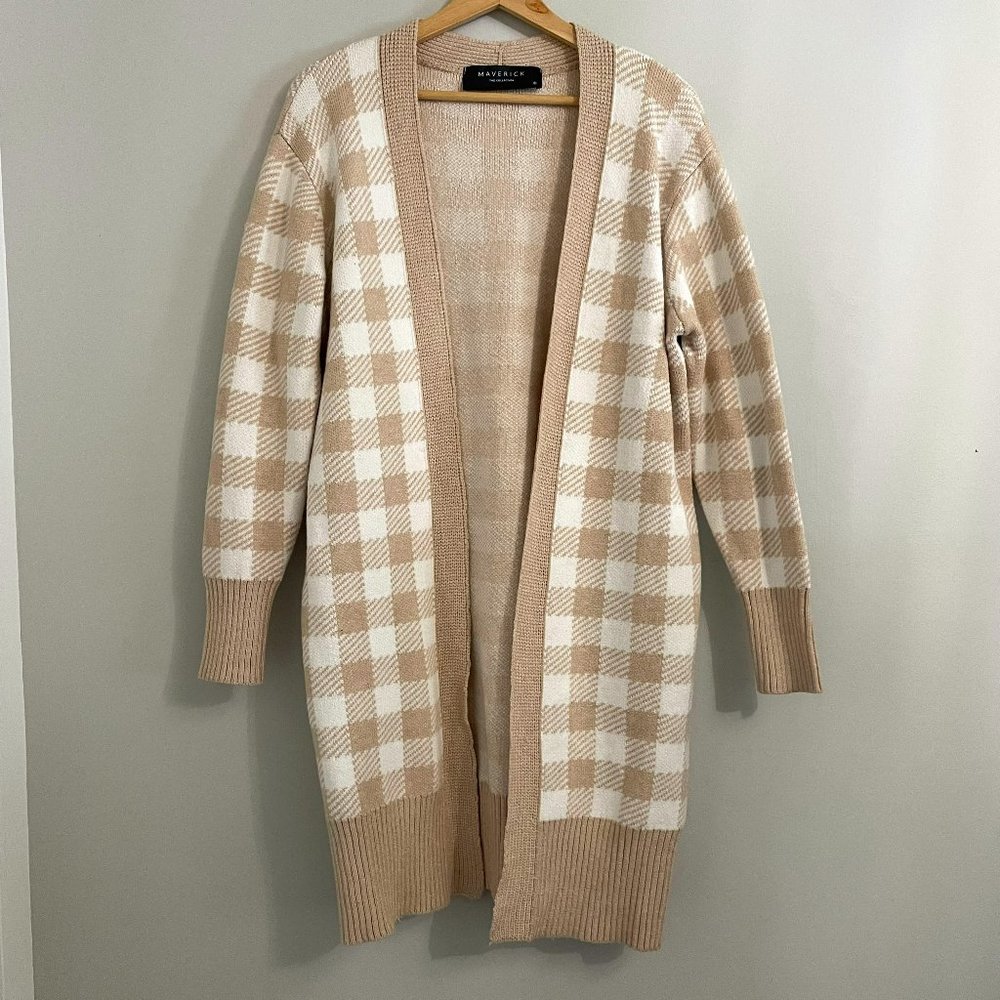 Tan & White Gingham Plaid Cardigan